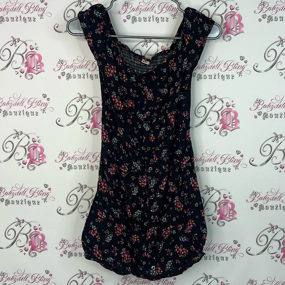 Hollister mini dress floral flowers smocked Black Top with Multicolor Accents